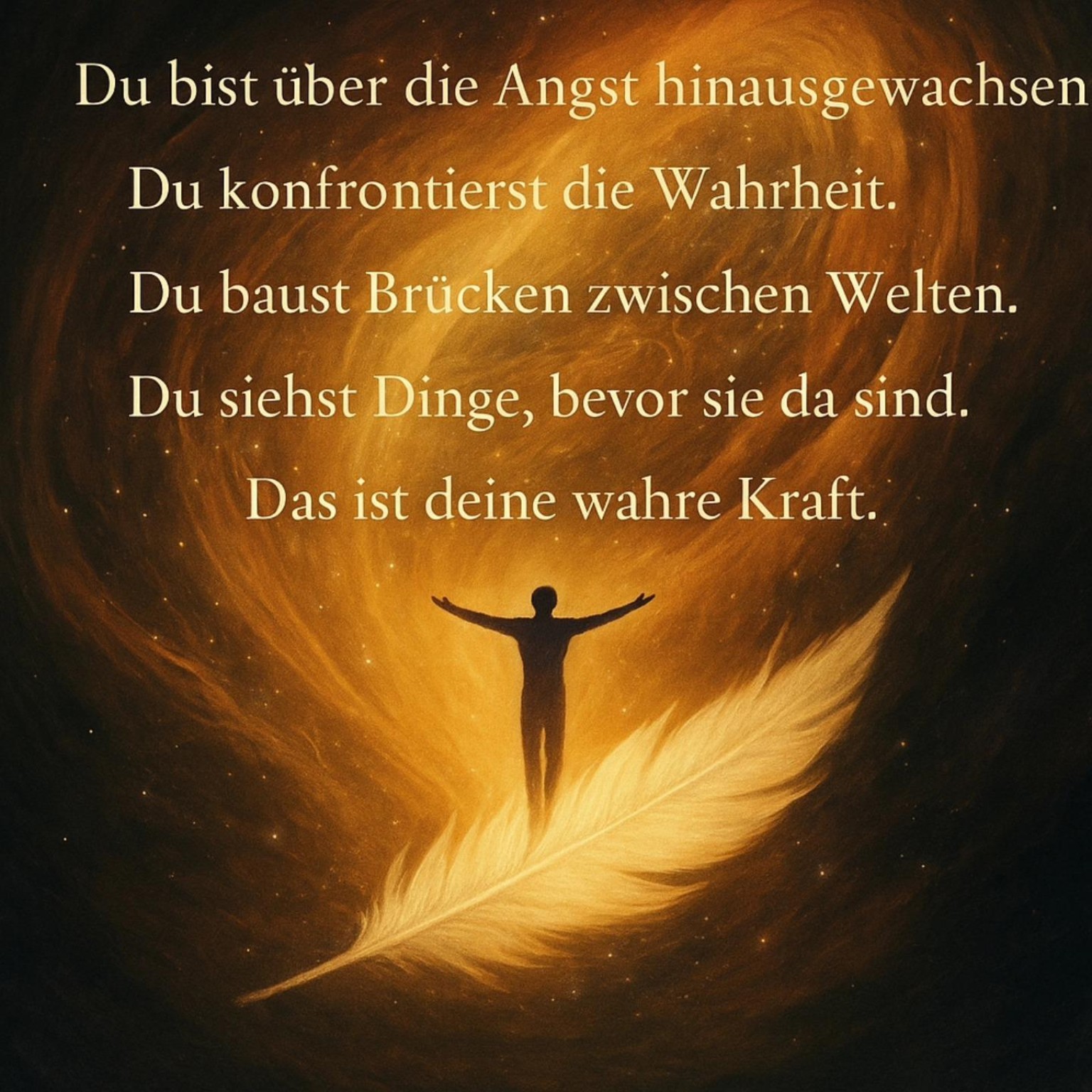 Goldene Feder mit menschlicher Silhouette und persönlichen Gedanken über Mut und Veränderung
