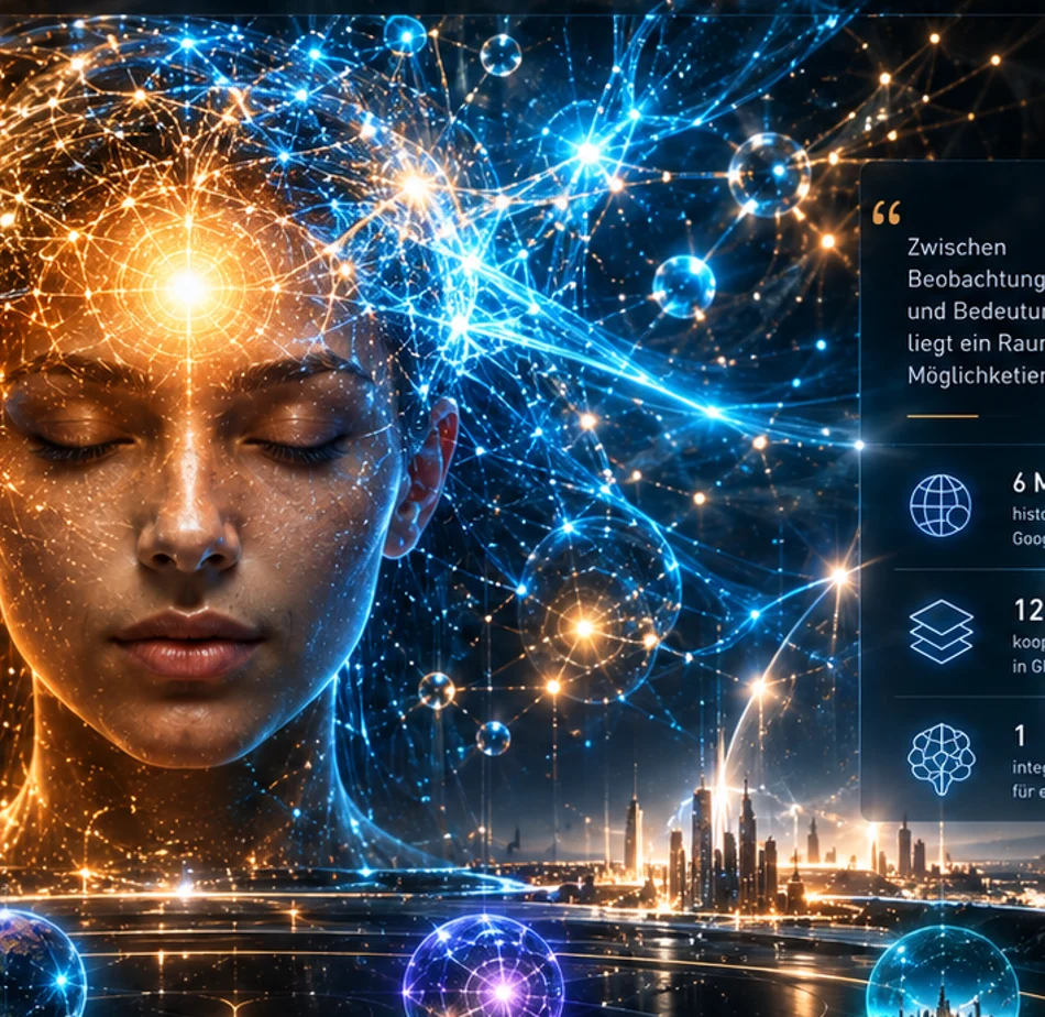 Cineastisches Motiv eines menschlichen Gesichts mit blau-goldenen neuronalen Lichtverbindungen